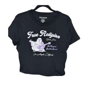 True Religion NWT Y2K Cyber Baby Tee Black Purple Buddha Graphic Fitted Top M